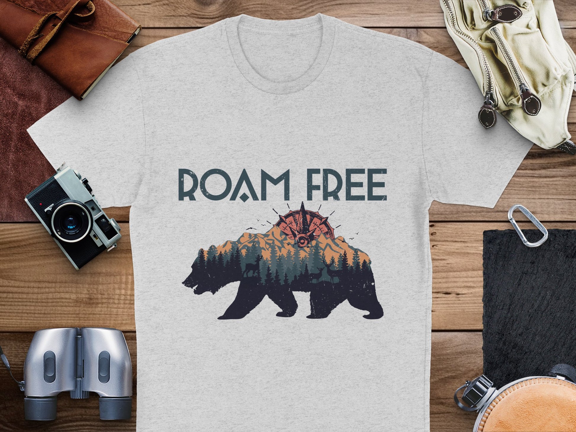 Roam Free Bear Graphic T-Shirt, Outdoor Adventure Tee, Nature Inspired, Unisex Casual Shirt