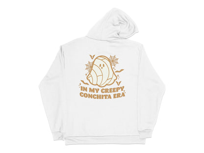 Unisex White Hoodie 'In My Creepy, Conchita Era' Graphic, Vintage Inspired, Casual Pullover, Streetwear Sweatshirt