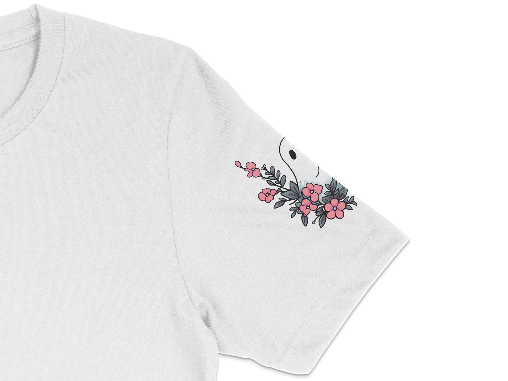 Floral Embroidered T-Shirt, Casual Women's White Tee, Pink Flowers Design, Summer Fashion Top