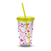 Disney Inspired Tumbler with Lid, Mickey Mouse Hearts Design, Reusable Plastic Cup with Straw, 16oz