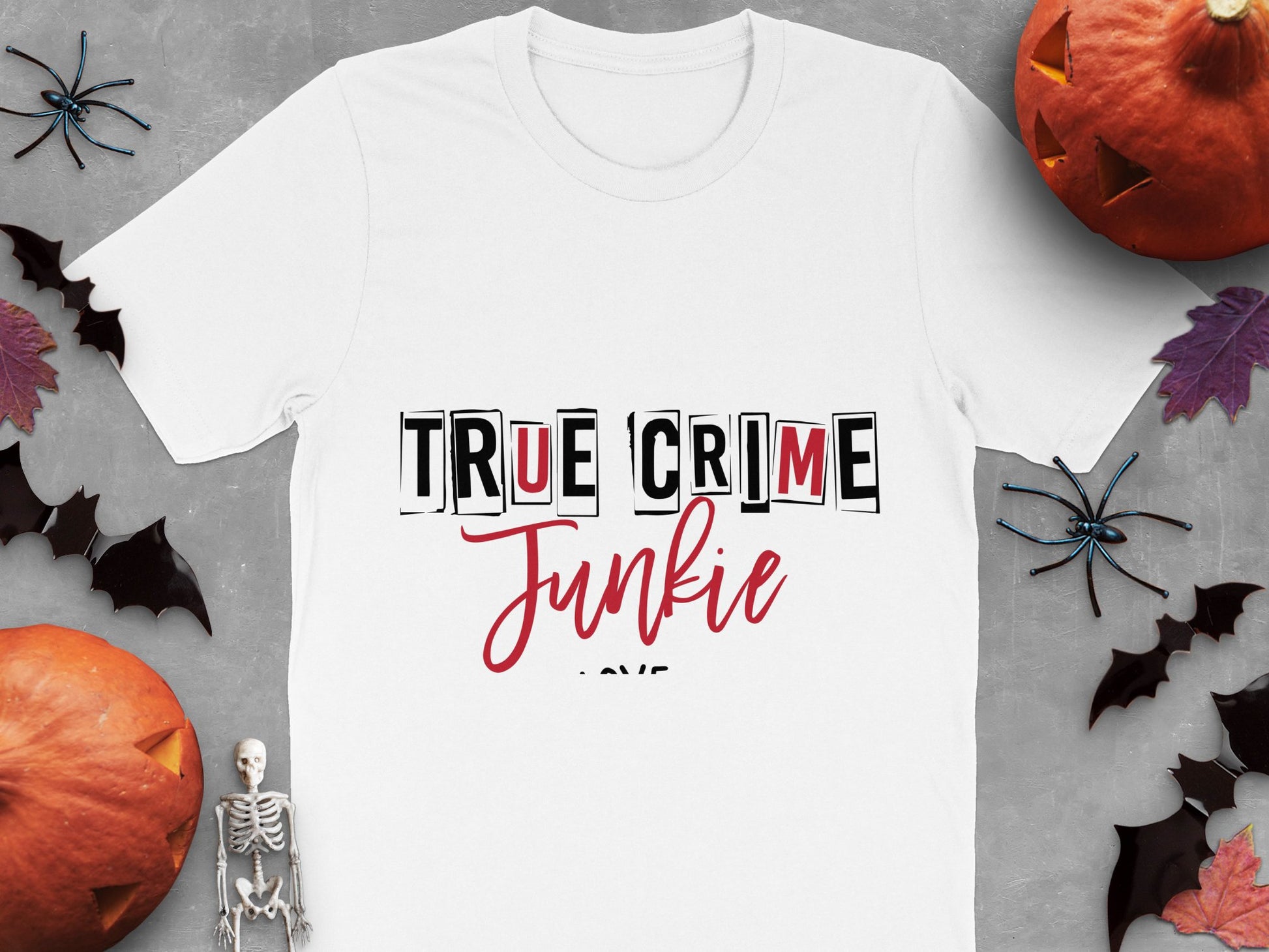 True Crime Junkie T-Shirt, Halloween Skeleton, Pumpkin Graphic Tee, Unisex Casual Shirt for True Crime Fans