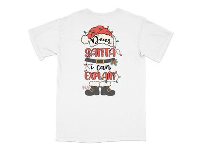 Christmas T-Shirt Dear Santa I Can Explain, Funny Holiday Tee, White Shirt with Santa Graphic, Festive Winter Apparel
