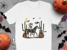 Halloween T-Shirt Skeletons Riding Horses Cartoon Graphic Tee Spooky Apparel