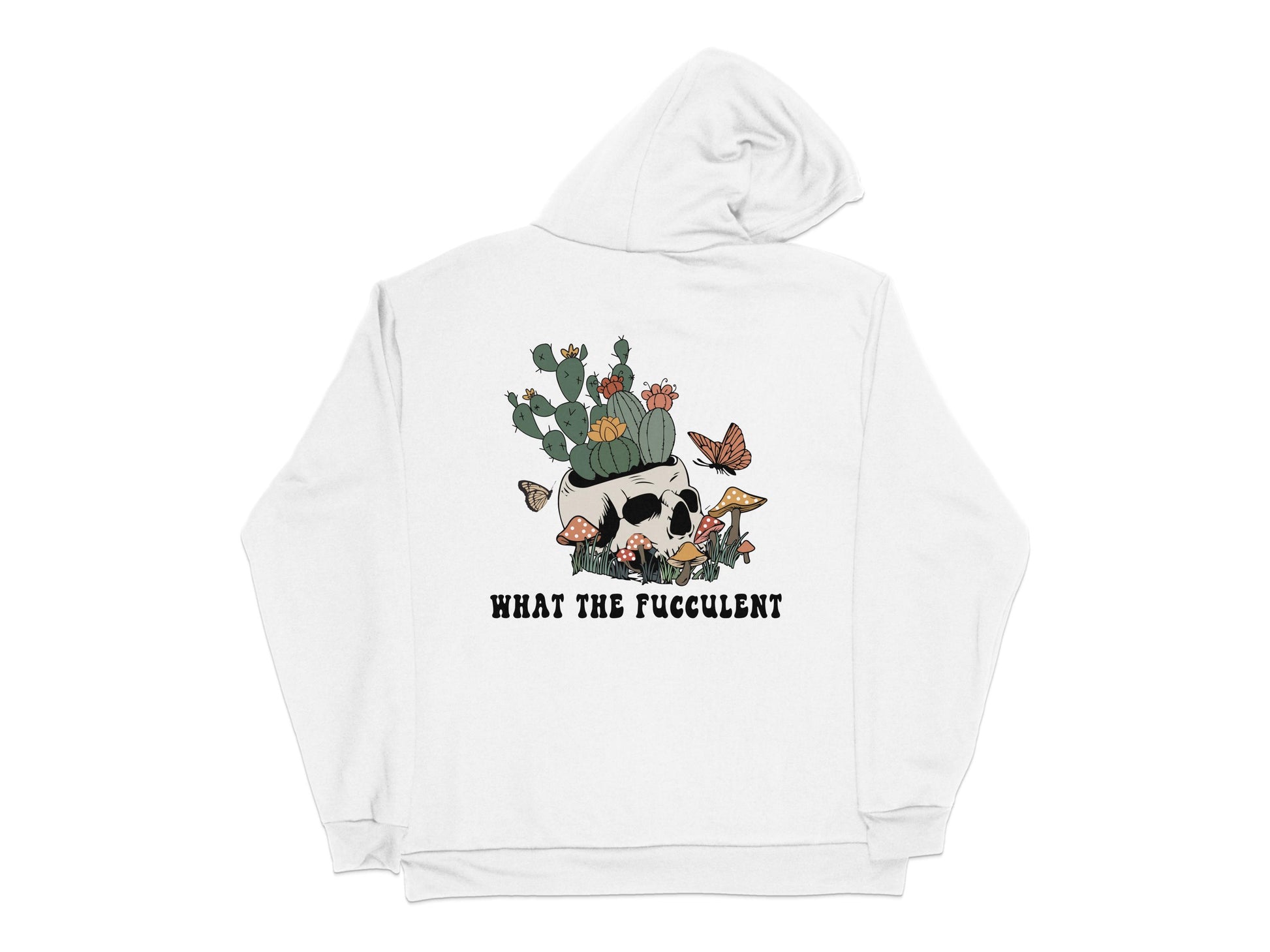 White Hoodie with Skull and Succulents Graphic, Funny Plant Lover Gift, Unique Casual Wear