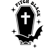 Gothic Coffin Pitch Black Sticker, Bat and Cross Decal, Spooky Black and White Emblem for Laptops and Notebooks