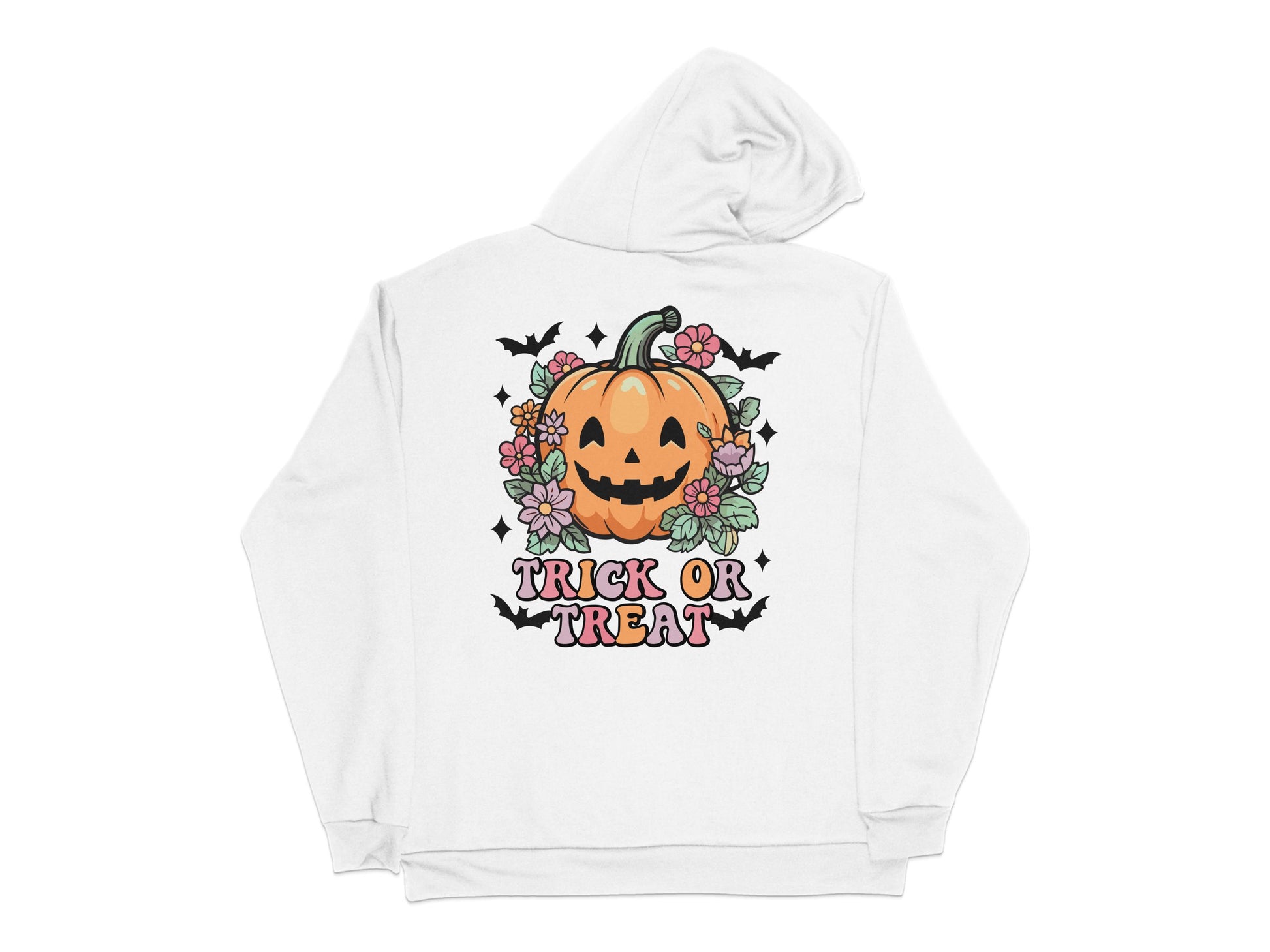 Halloween Pumpkin Hoodie, Trick or Treat Autumn Sweatshirt, Floral Jack O'Lantern Design, Unisex White Hooded Top