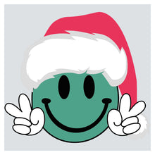 a green smiley face wearing a santa hat