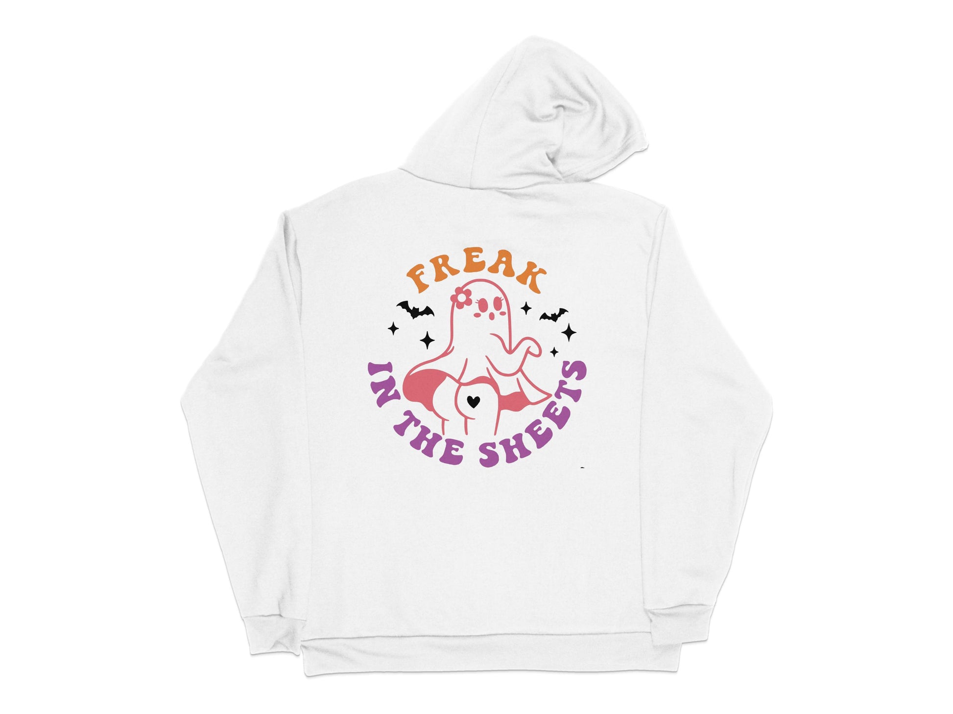 Funny Ghost Hoodie, 'Freak in the Sheets' Graphic, Casual Unisex White Sweatshirt with Purple Print