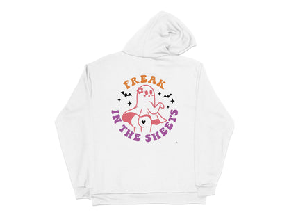 Funny Ghost Hoodie, 'Freak in the Sheets' Graphic, Casual Unisex White Sweatshirt with Purple Print