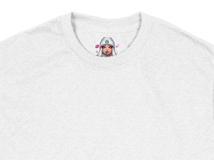 Women's Gray T-Shirt with Small Pop Art Woman Print, Casual Cotton Tee, Stylish Graphic Summer Top