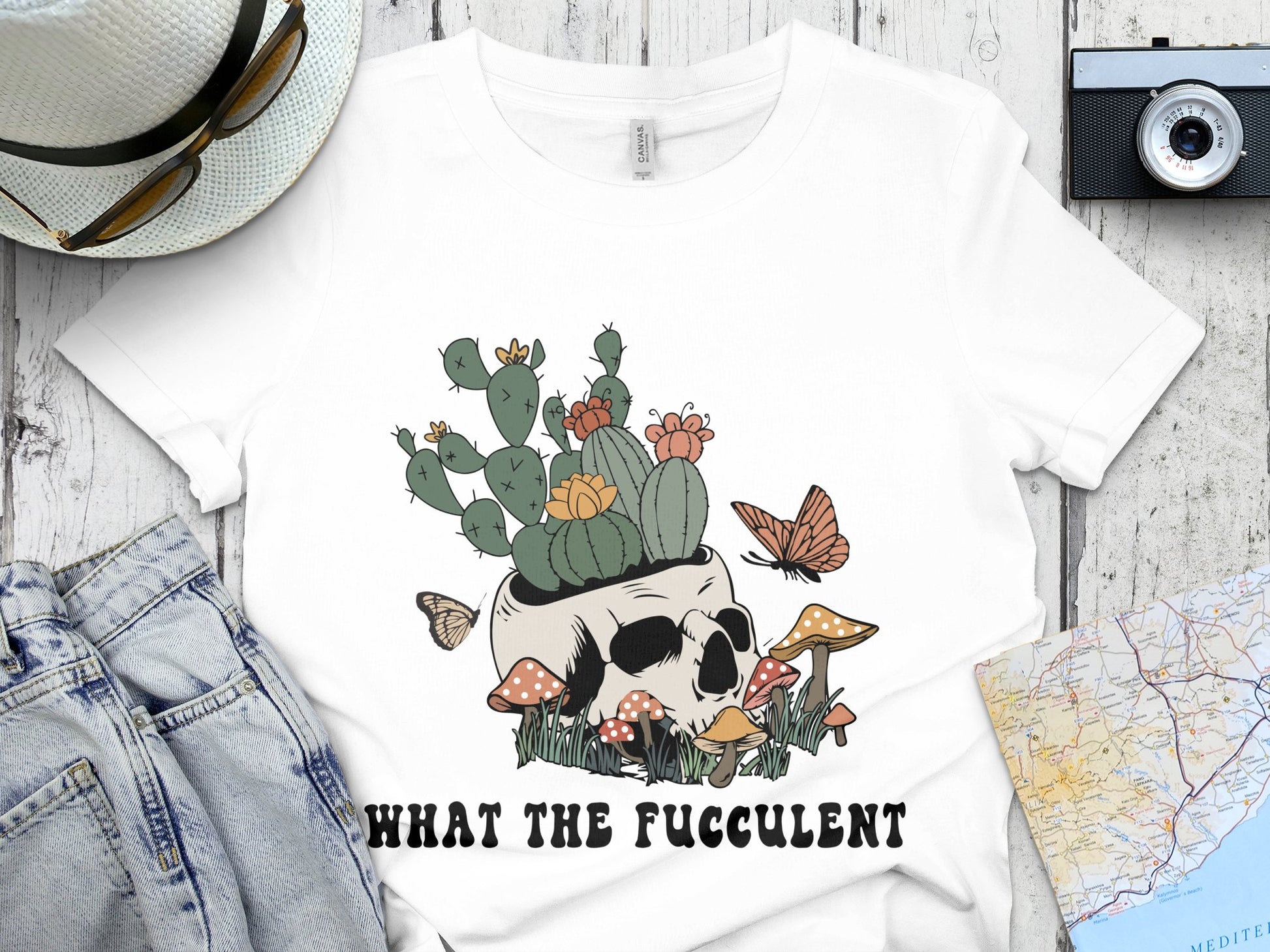 Women's White Graphic T-Shirt with Cactus and Skull Design, Casual Summer Top, Trendy Boho Chic Style