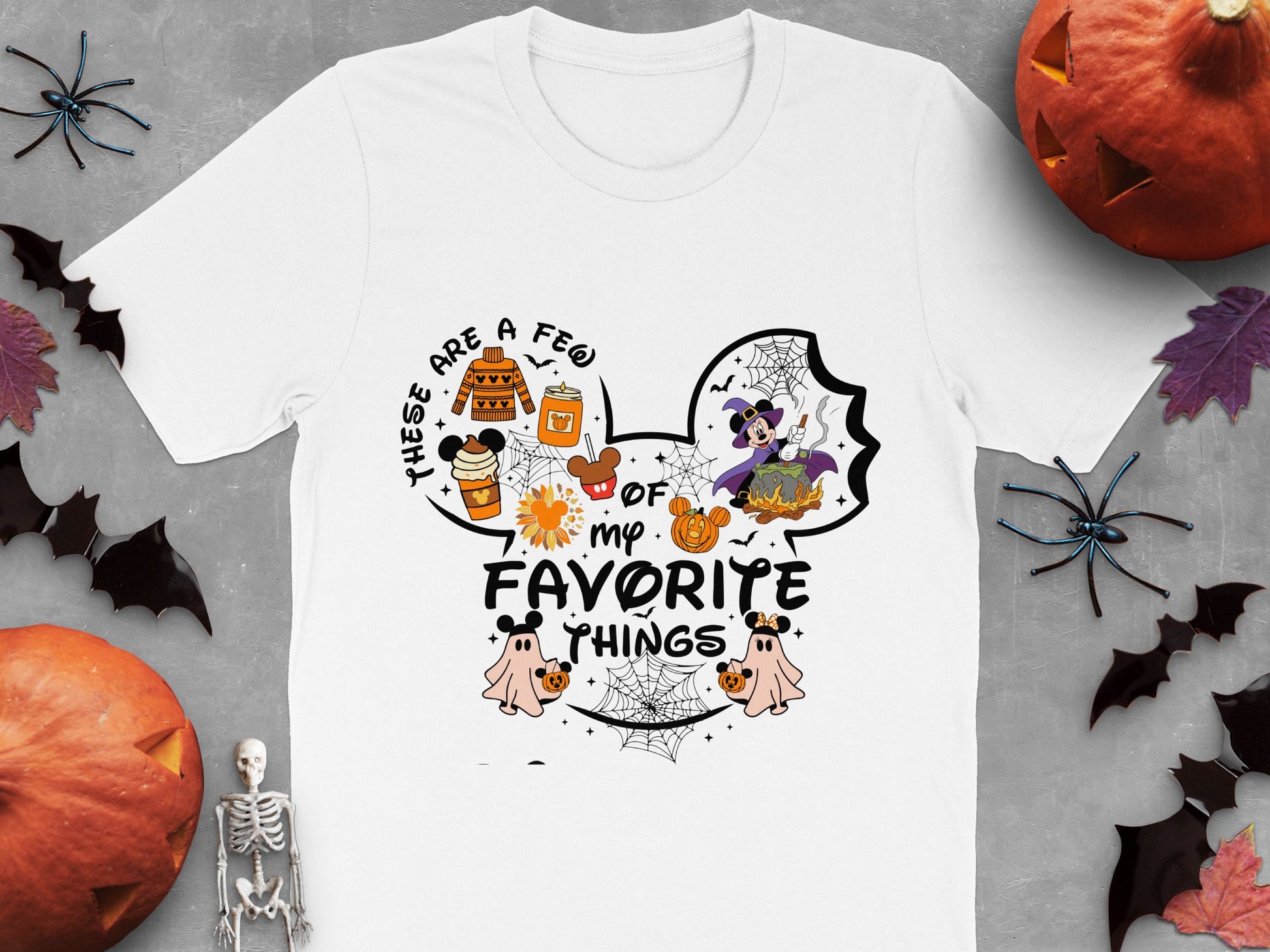 Halloween Favorite Things T-Shirt, Cute Fall Graphics Tee, Witch Hat Pumpkin Spider, Unisex Adult Casual Style