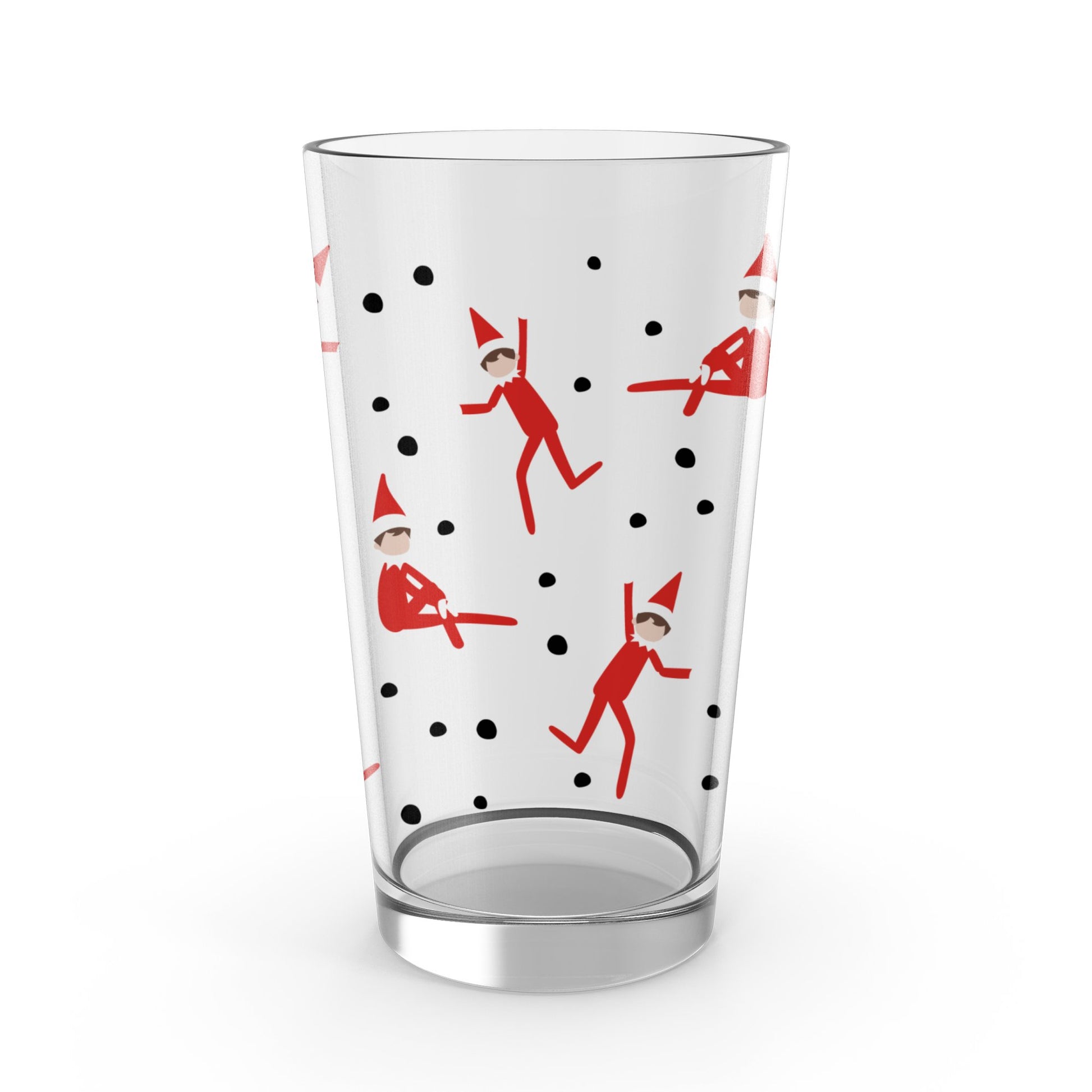 Holiday Elf Pattern Glass Tumbler, Festive Christmas Drinking Cup, Decorative Seasonal Glassware, Unique Elf and Dot Design