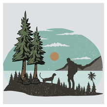 a man and a dog are standing in the woods