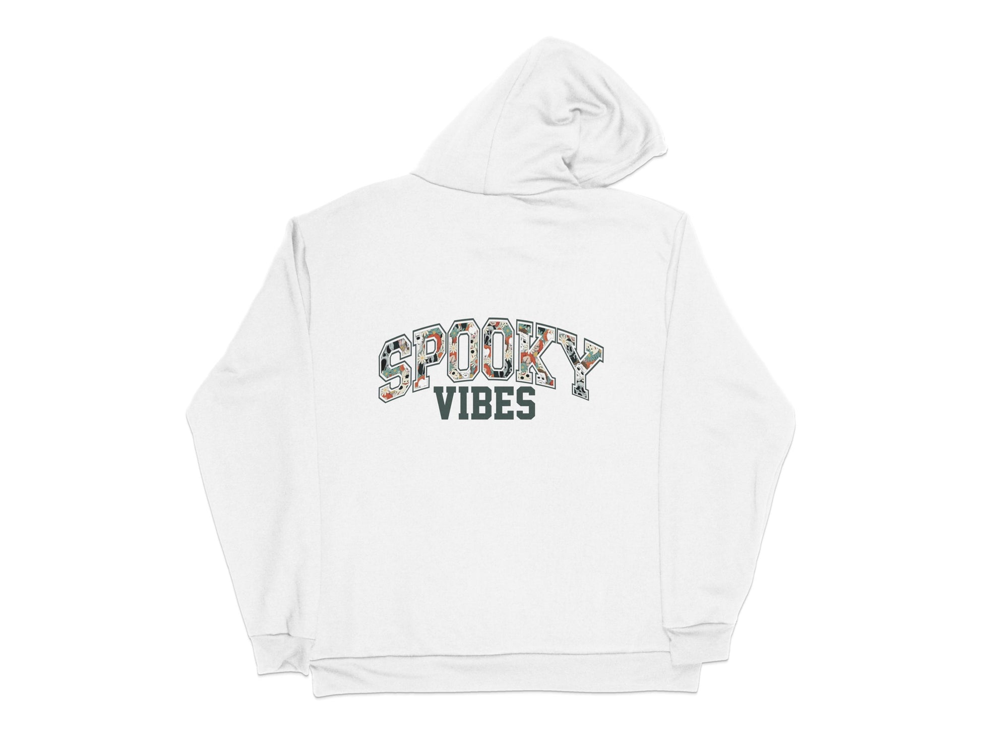 Spooky Vibes Hoodie, White Pullover with Halloween Theme, Cozy Fall Fashion, Unisex Sweatshirt
