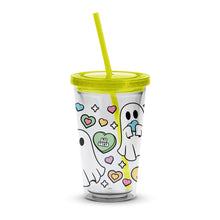 Cute Ghost Pattern Insulated Tumbler with Lid and Straw, Playful Spooky Design, Reusable Drinkware, Kids and Adults, Colorful Hearts