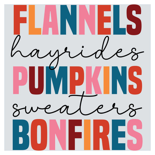 a poster with the words flannels, bayridges, pumpkins,