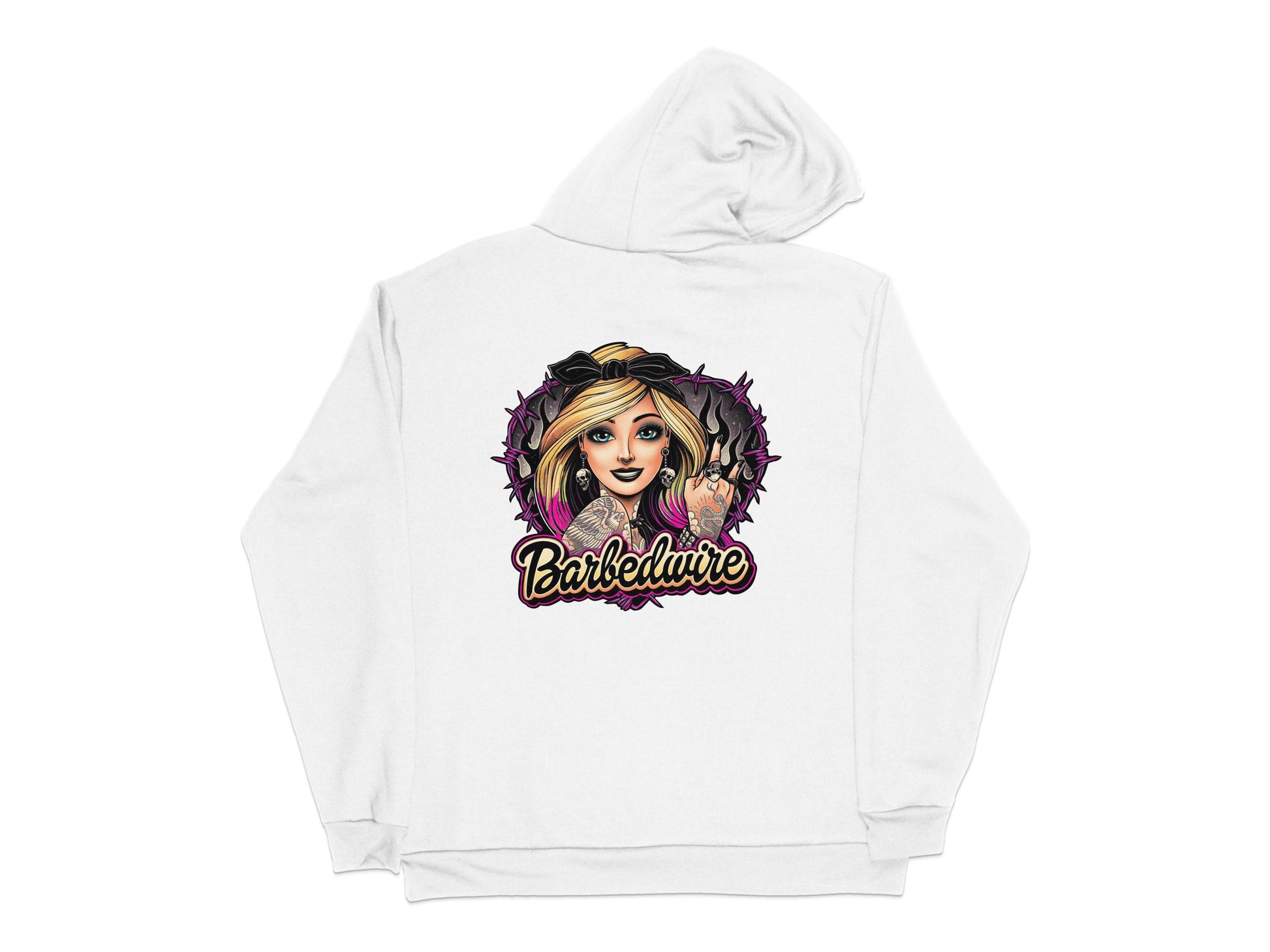 Barbwire Graphic Hoodie, White Pullover, Urban Streetwear, Trendy Women's Fashion, Casual Comfortable Hooded Sweatshirt