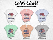 Patriotic T-Shirts Color Chart, Bella Canvas 3001, American Flag Design, Free and Brave, Multiple Colors Available