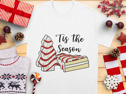 Christmas T-Shirt 'Tis The Season' Holiday Graphic Tee, Festive Tree and Cake Design, Cozy Winter Apparel Gift
