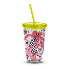 Colorful Insulated Tumbler Cup with Heart and Checkered Pattern, Kids Travel Drinkware with Straw, Unique Gift Idea