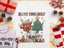 Groovy Christmas T-Shirt, Cute Holiday Graphic Tee, Festive Hot Cocoa and Tree Design, Unisex Adult Clothing