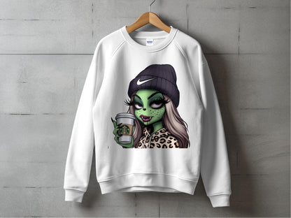 Trendy Green Monster Girl Graphic Sweatshirt, Casual Leopard Print, Cool Urban Streetwear, Unique Illustrated Pullover
