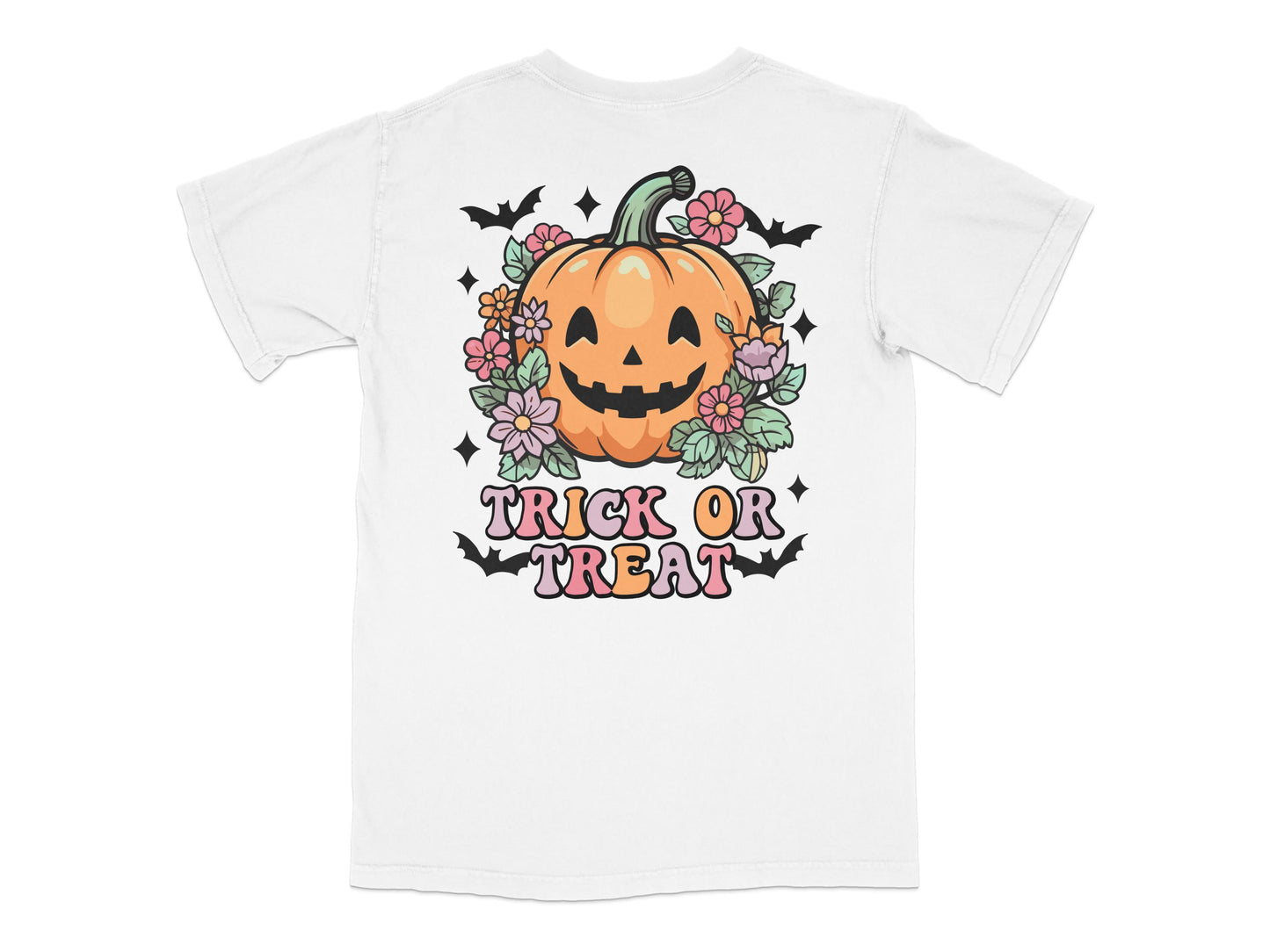 Halloween Pumpkin T-Shirt, Trick or Treat Floral Graphic Tee, Cute Fall Shirt for Women and Men