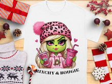 Women's Cute Graphic Tee, Grinchy and Bougie, Holiday Fashion Top, Pink Leopard Print Hat, Winter Style