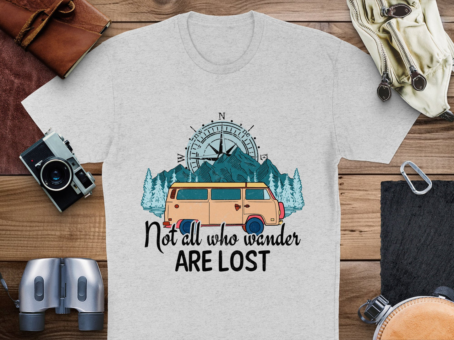 Adventure Camping T-Shirt Vintage Van and Compass Graphic Wanderlust Tee Outdoor Explorer Unisex Cotton Shirt Casual Travel Top