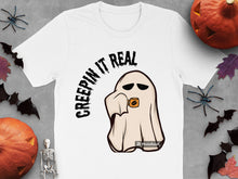 Halloween Ghost T-Shirt 'Creepin' It Real' Funny Spooky Tee with Pumpkins and Skeleton Decor