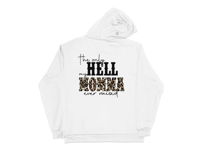 White Hoodie with Graphic Text, 'The Only Hell My Mom Ever Raised' Casual Wear