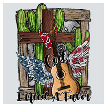 a cross with a guitar and wings on it
