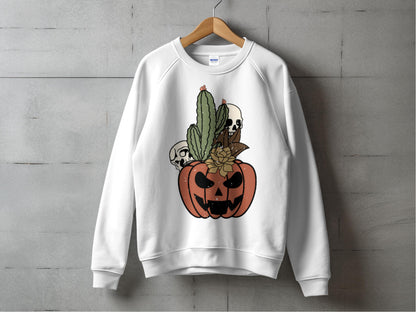 Halloween Pumpkin Cactus Graphic Sweatshirt, Autumn Themed Unisex Long Sleeve Sweater, Casual Fall Apparel