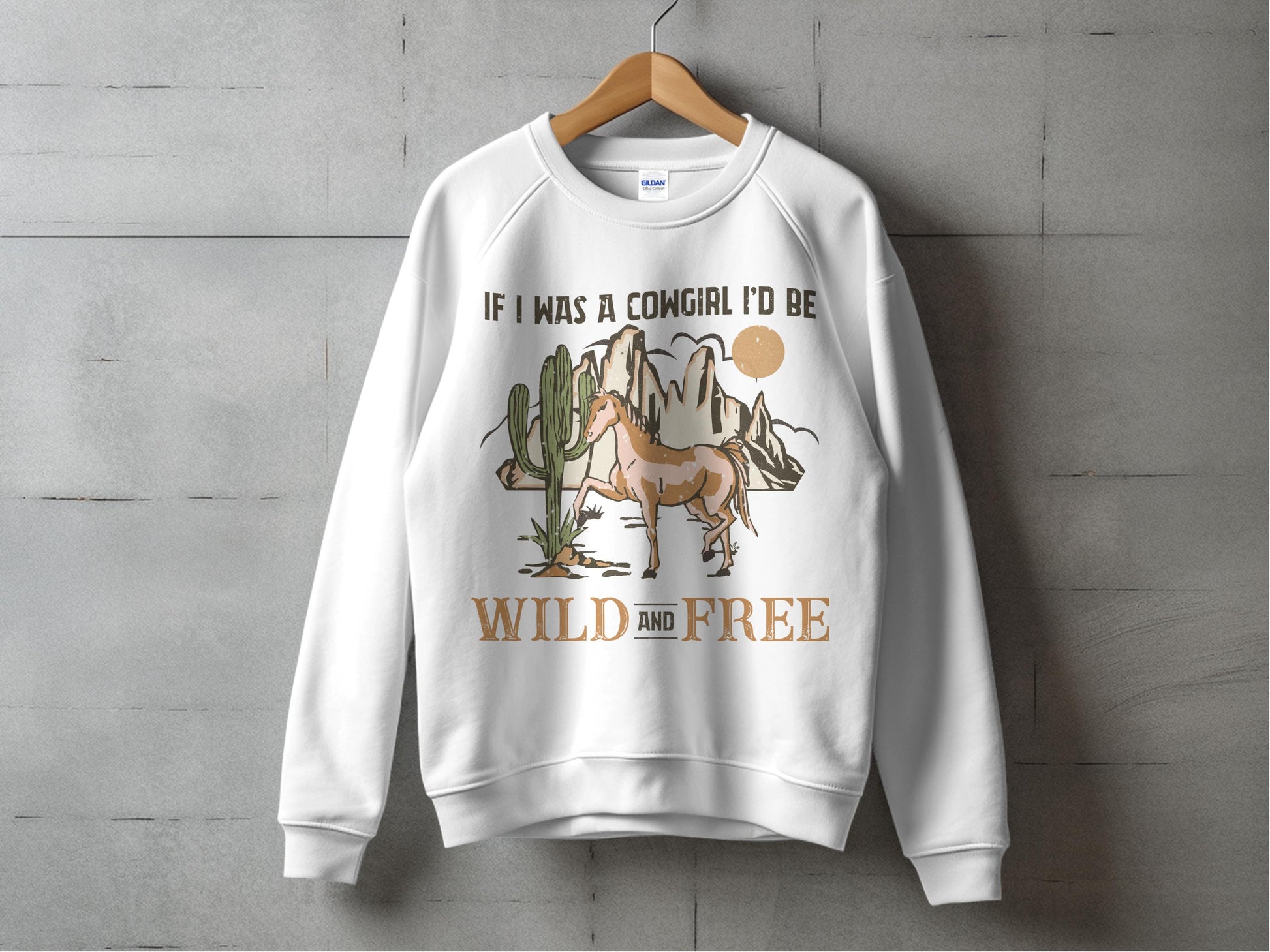Cowgirl Graphic Sweatshirt, Western Wild and Free Quote, Casual Women's Pullover, Beige Crewneck Top with Cactus and Horse Print