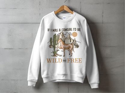 Cowgirl Graphic Sweatshirt, Western Wild and Free Quote, Casual Women's Pullover, Beige Crewneck Top with Cactus and Horse Print