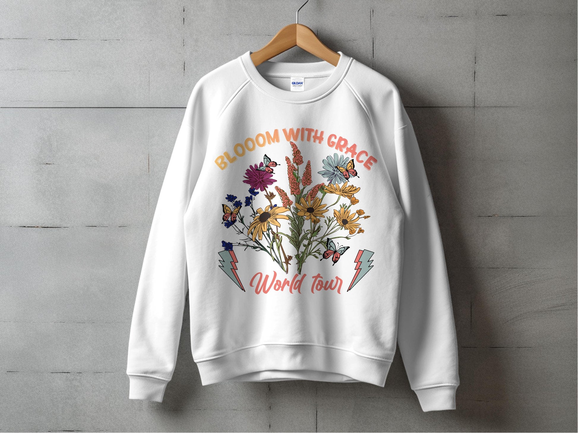 Bloom with Grace Floral Sweatshirt, Colorful Embroidered Flowers, Vintage World Tour Design, Unisex Pullover Sweatshirt