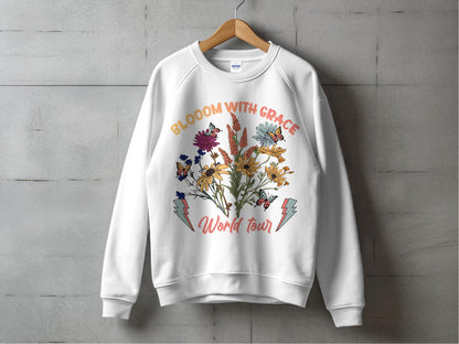Bloom with Grace Floral Sweatshirt, Colorful Embroidered Flowers, Vintage World Tour Design, Unisex Pullover Sweatshirt