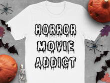 Horror Movie Addict T-Shirt, Halloween Themed Shirt, Scary Film Fan Tee, Unisex White Graphic Tee