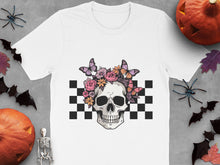 Skull and Flowers T-Shirt, Checkered Design, Gothic Halloween Apparel, Men's and Women's Sizes Available
