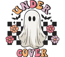 Cute Ghost Under Cover Graphic T-Shirt, Spooky Cartoon Ghost, Floral Checkerboard Pattern, Halloween Tee