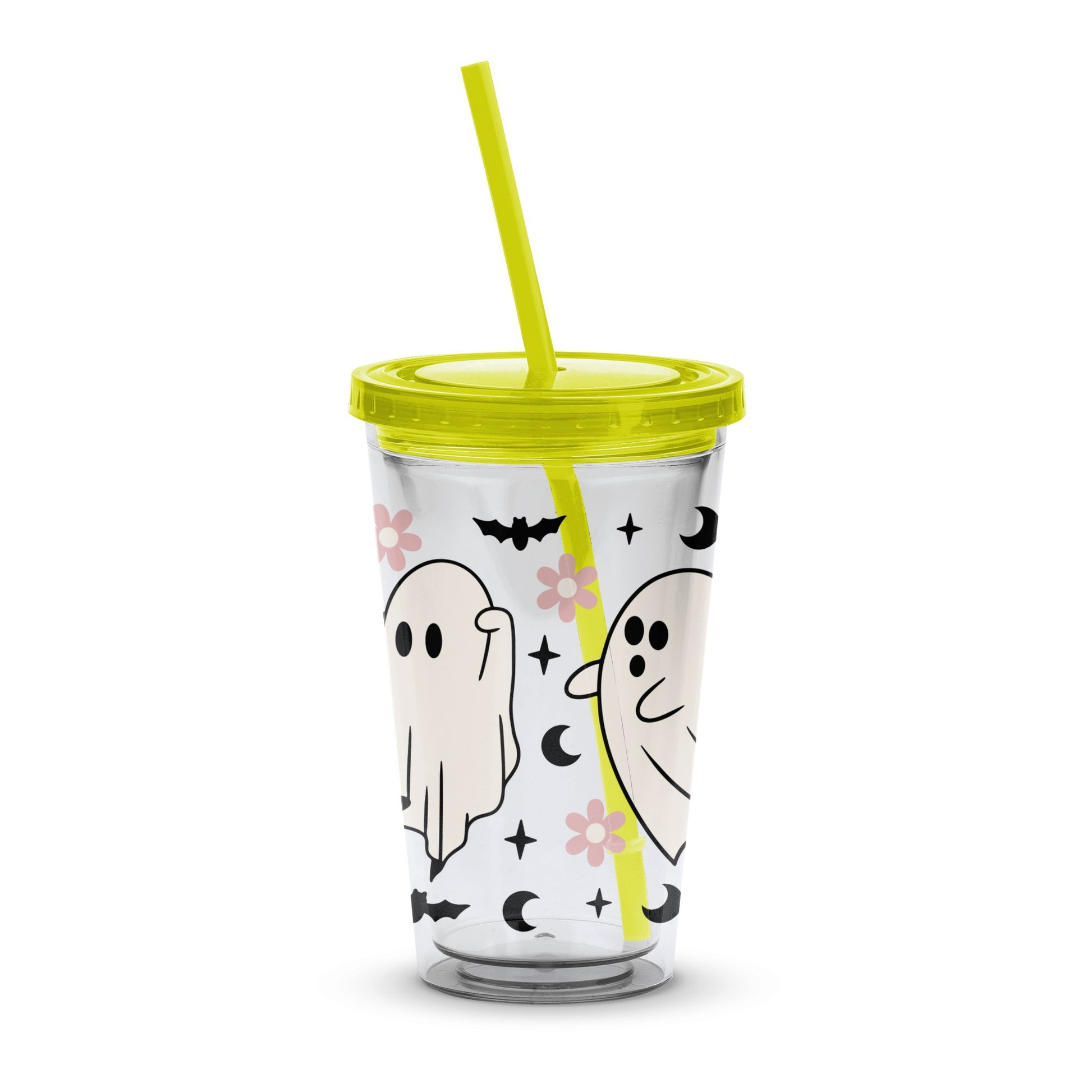Cute Ghost Pattern Tumbler with Straw, Halloween Insulated Drink Cup, Floral Spooky Theme, Kids Friendly Drinkware, Fun Fall Gift Idea