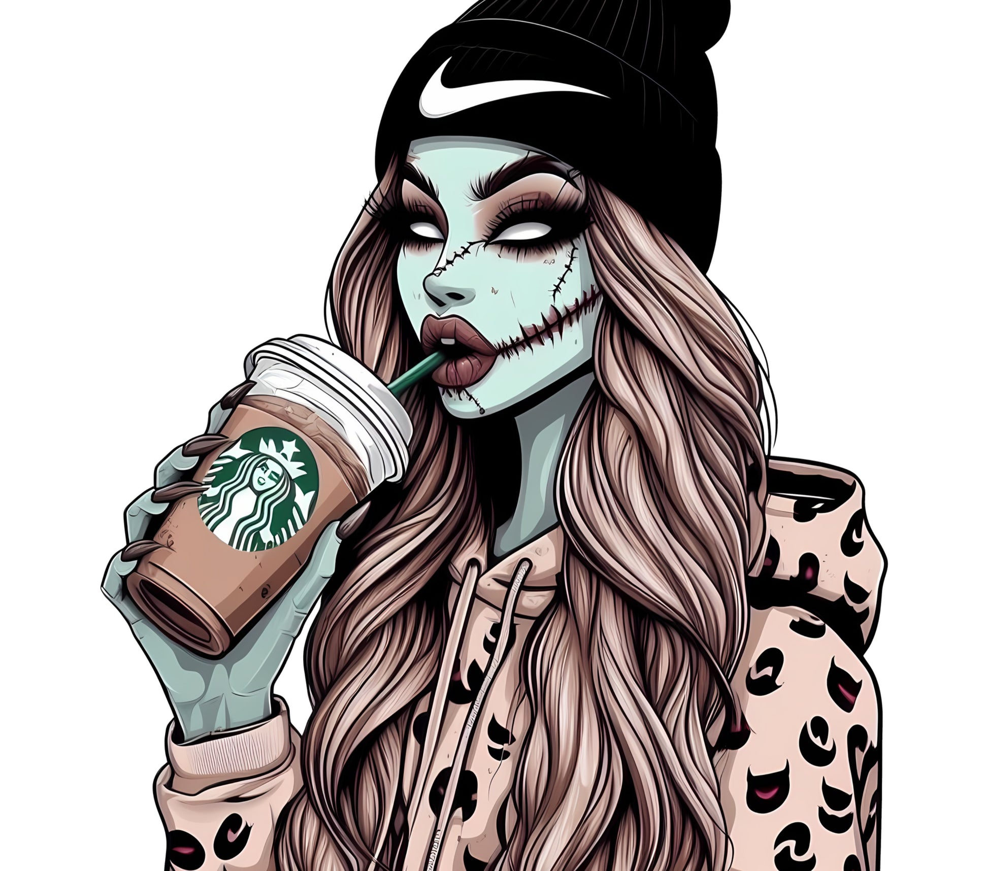 Zombie Girl Coffee Lover Art Print, Modern Quirky Illustration, Unique Home Decor Wall Hanging