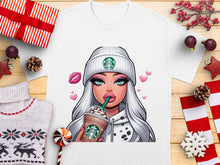 Trendy Graphic T-Shirt with Cartoon Girl, Starbucks Parody, Stylish Casual Wear, Gift Idea