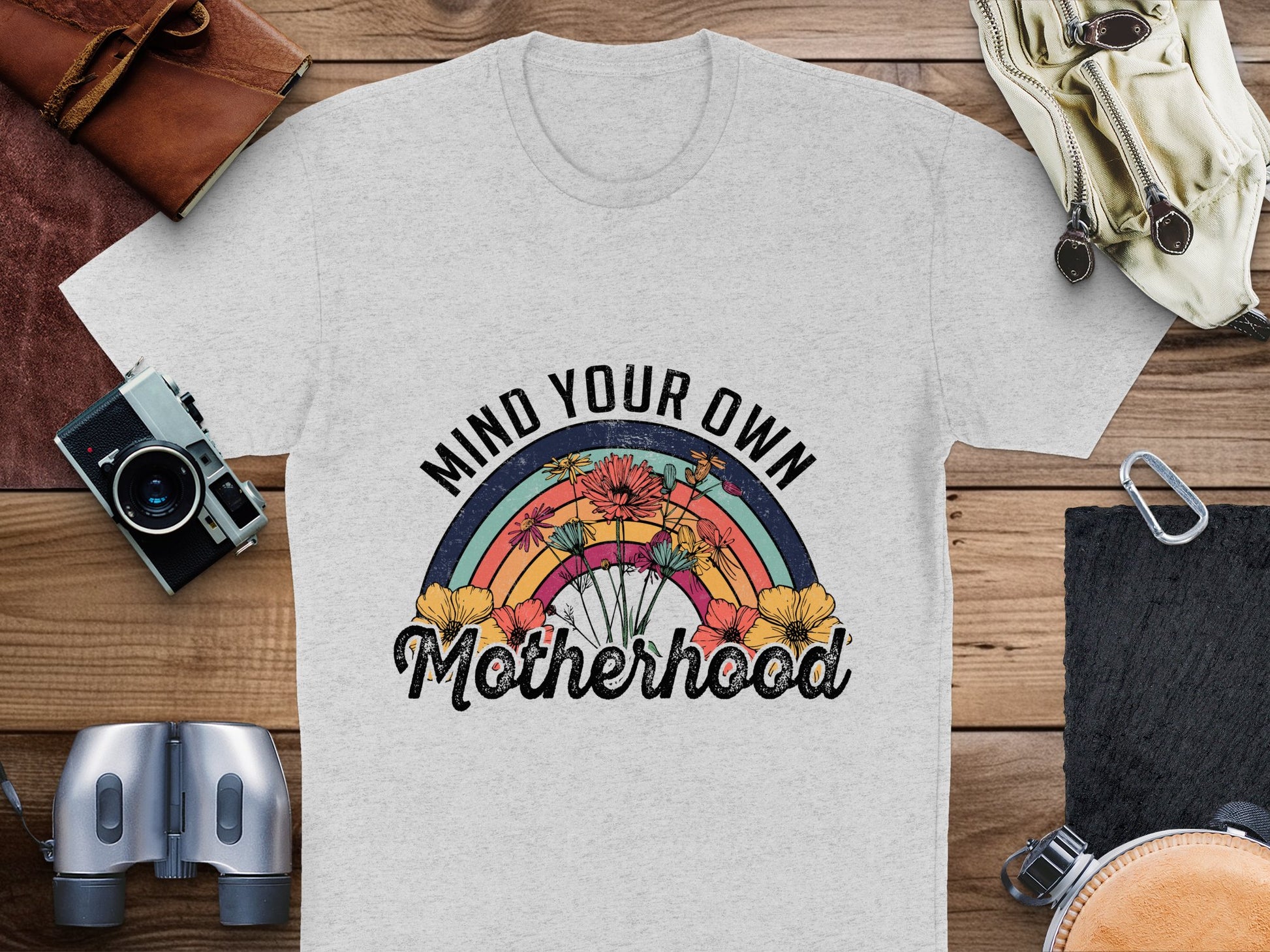 Mind Your Own Motherhood T-Shirt Vintage Camera Floral Rainbow Graphic Tee for Moms