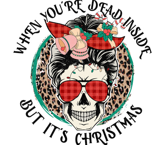 Dead Inside Christmas Skull T-Shirt, Festive Rockabilly Skeleton, Leopard Print, Goth Holiday Graphic Tee