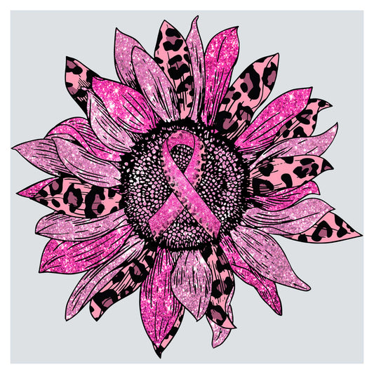 a sunflower with a pink ribbon on it