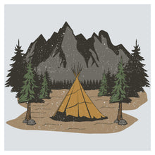 a teepee in the middle of a forest with mountains in the background