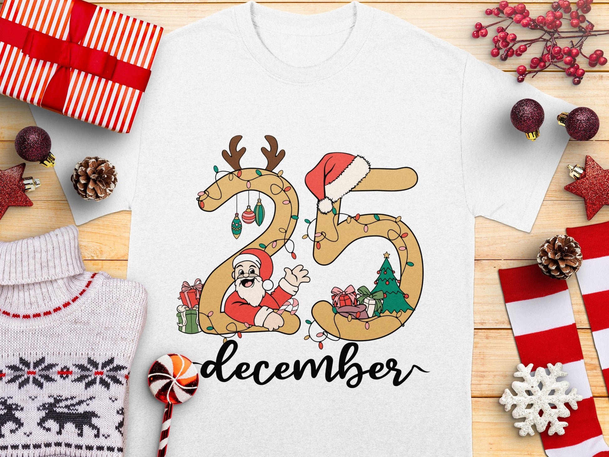 Festive December T-Shirt, Christmas Reindeer and Santa Claus Holiday Graphic Tee, Unisex Winter Apparel