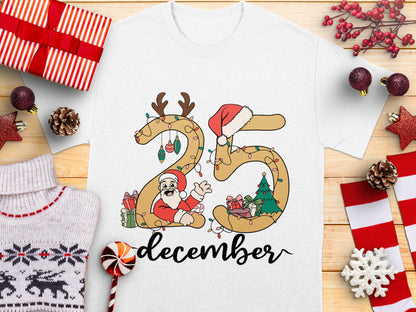 Festive December T-Shirt, Christmas Reindeer and Santa Claus Holiday Graphic Tee, Unisex Winter Apparel